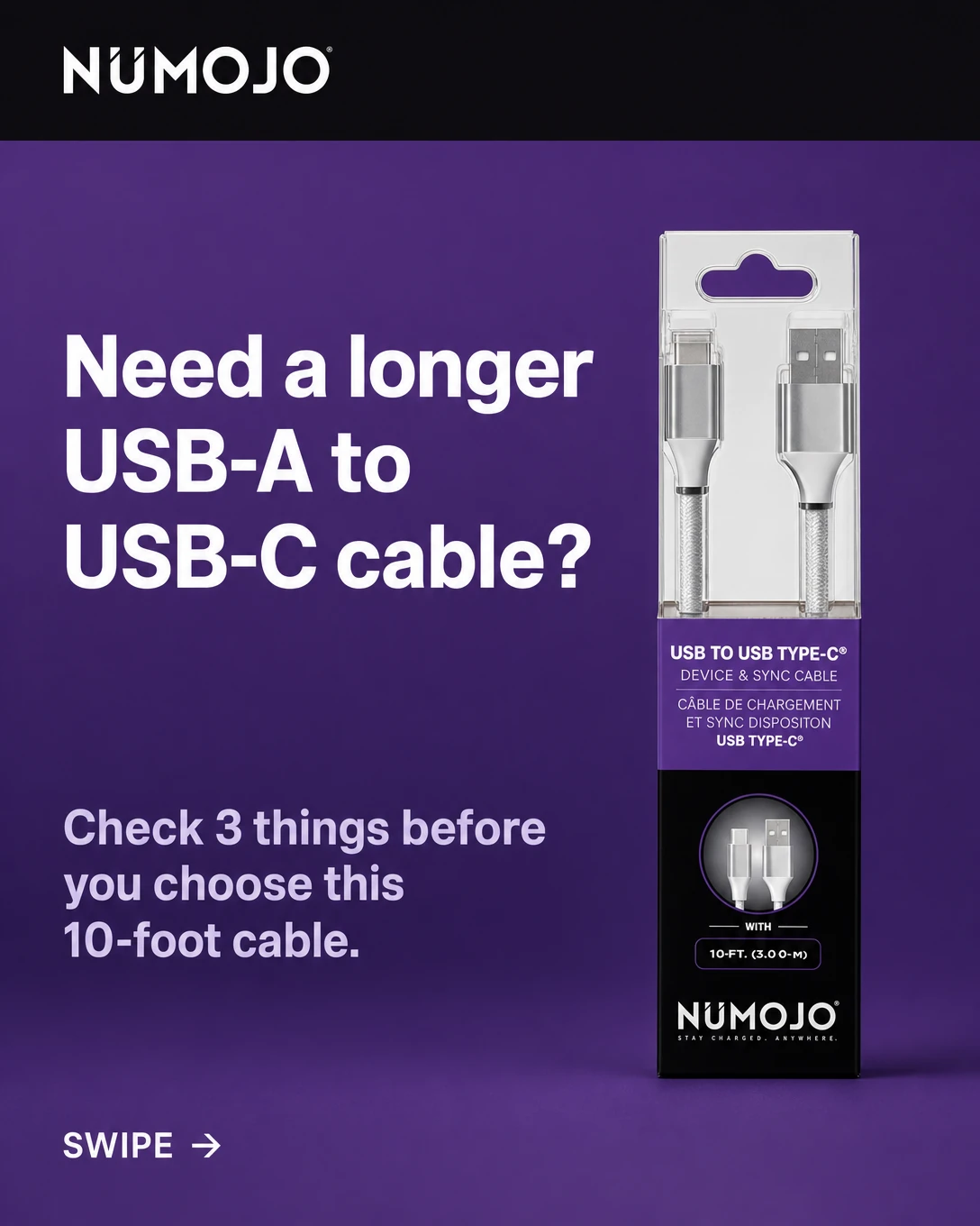 An Instagram carousel created by Nur7, featuring NuMojo’s USB charging cable